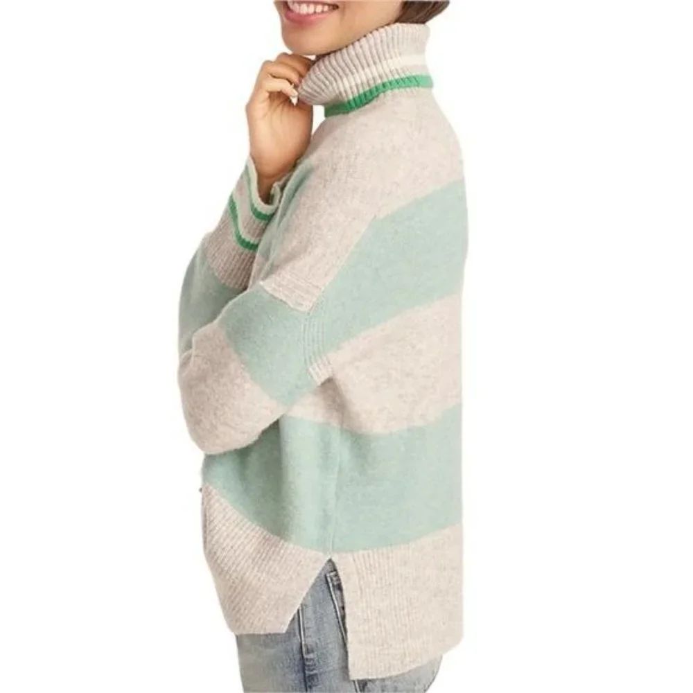 J. Crew Striped Turtleneck Sweater Supersoft Yarn Heather Silver Mint NWT